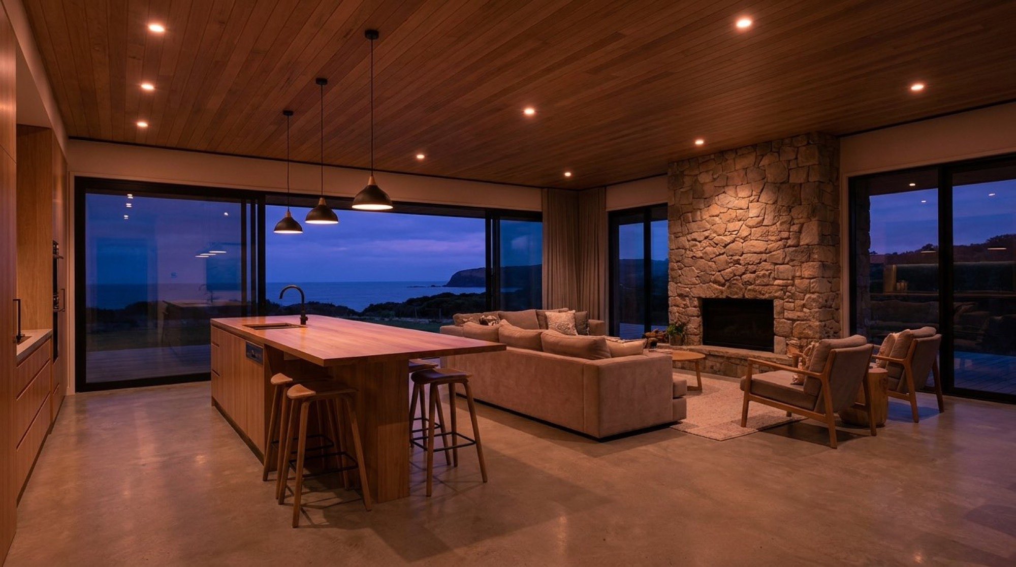 A living room with a stone fireplace lit at dusk