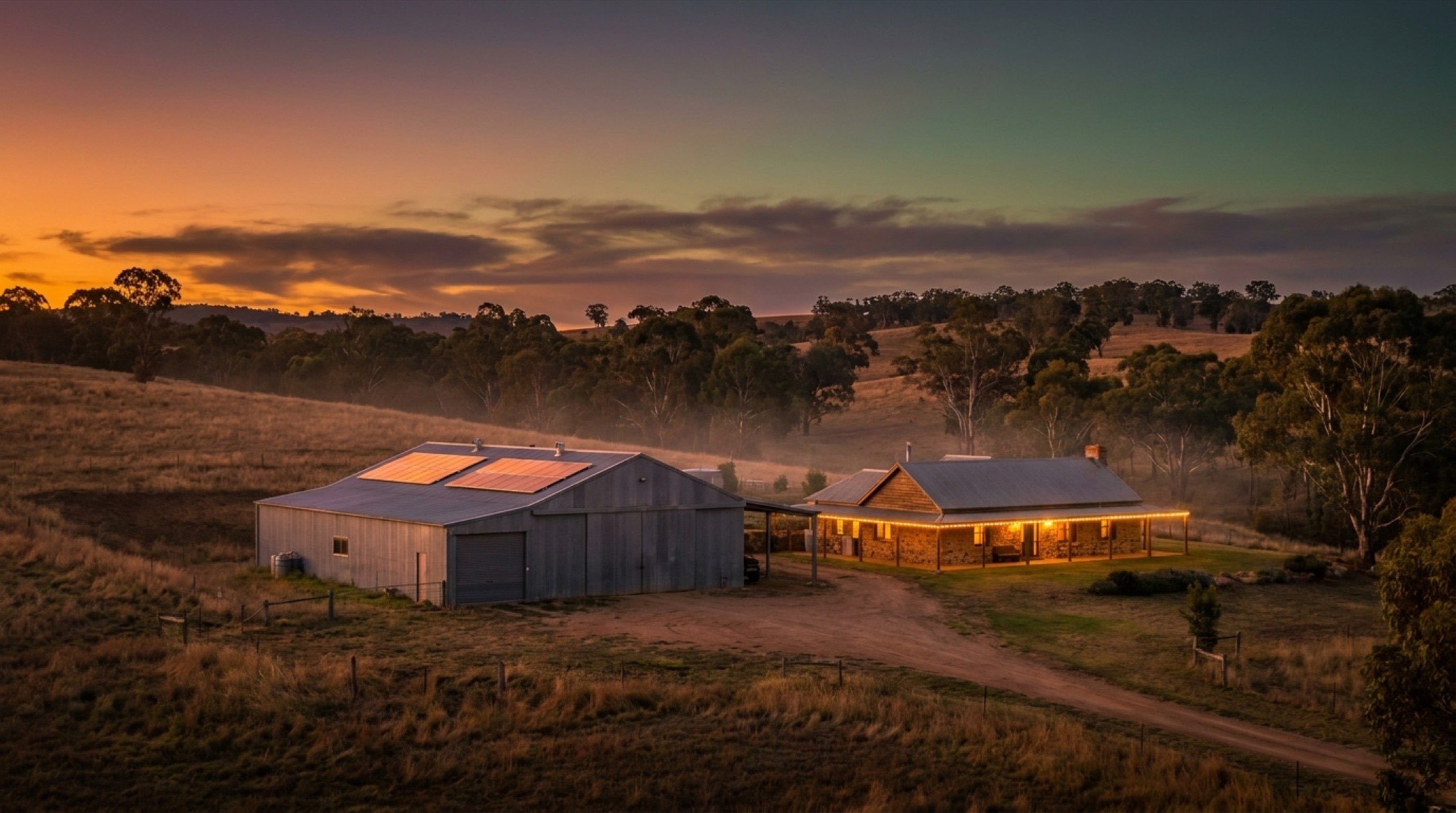 Sheds and a driveway lit at dusk under a wide sky