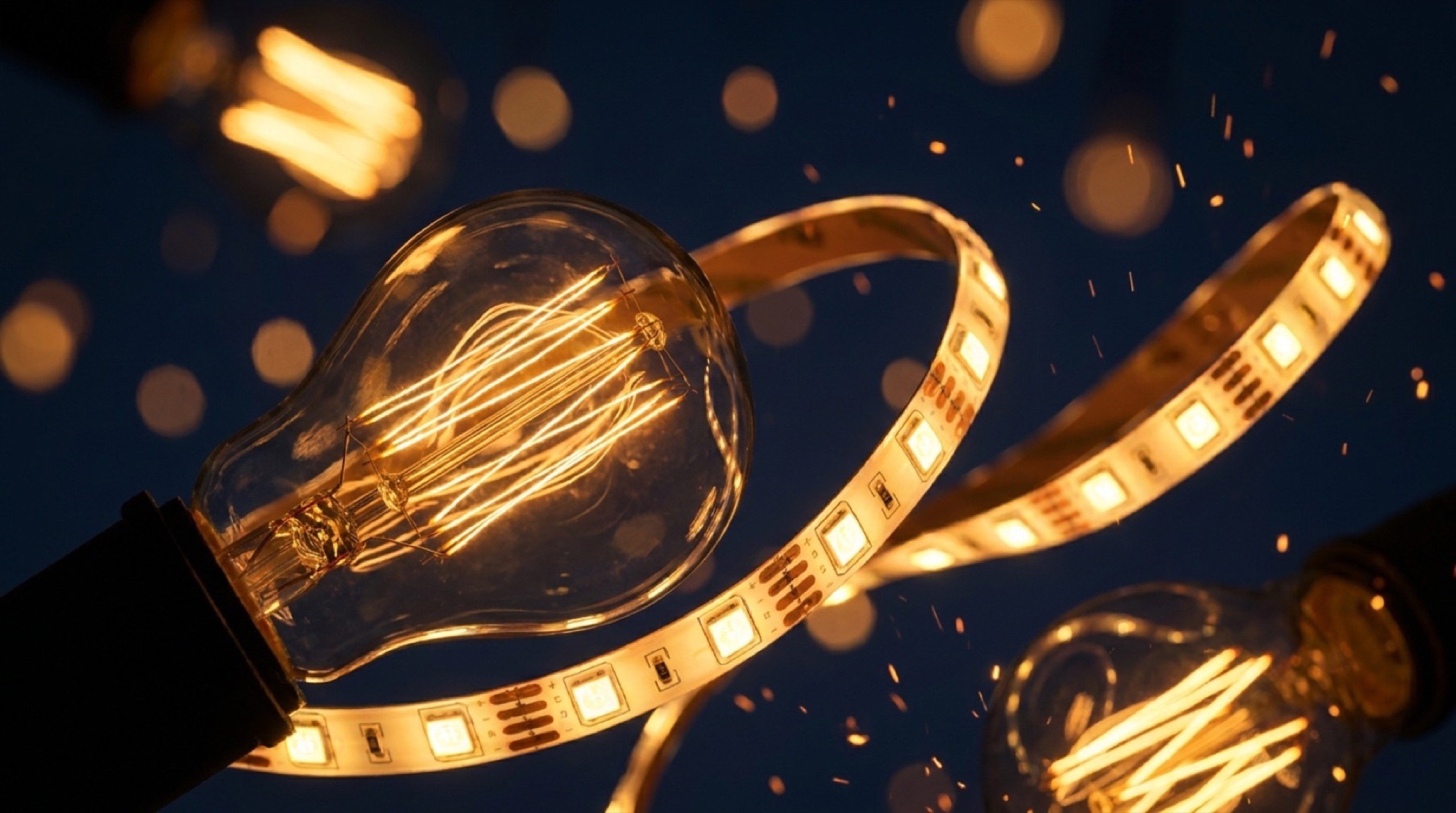 A filament bulb and a warm light strip glowing against a dark background
