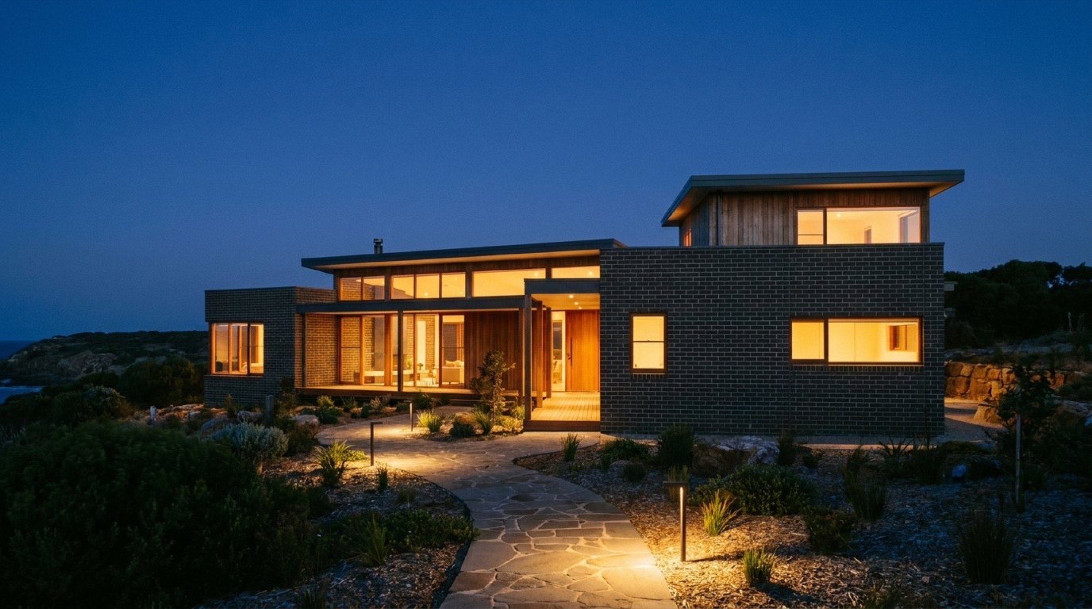 A house with its lights on at dusk