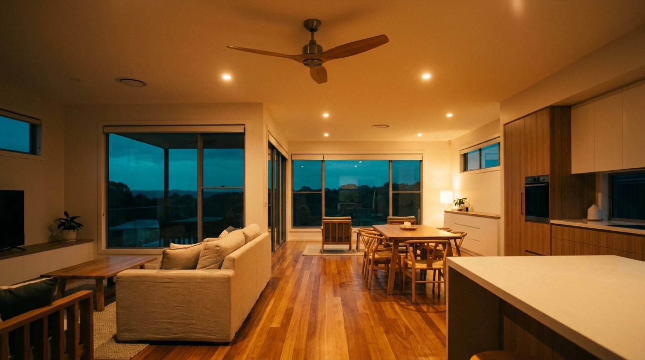 A living room lit warmly at dusk with timber floors