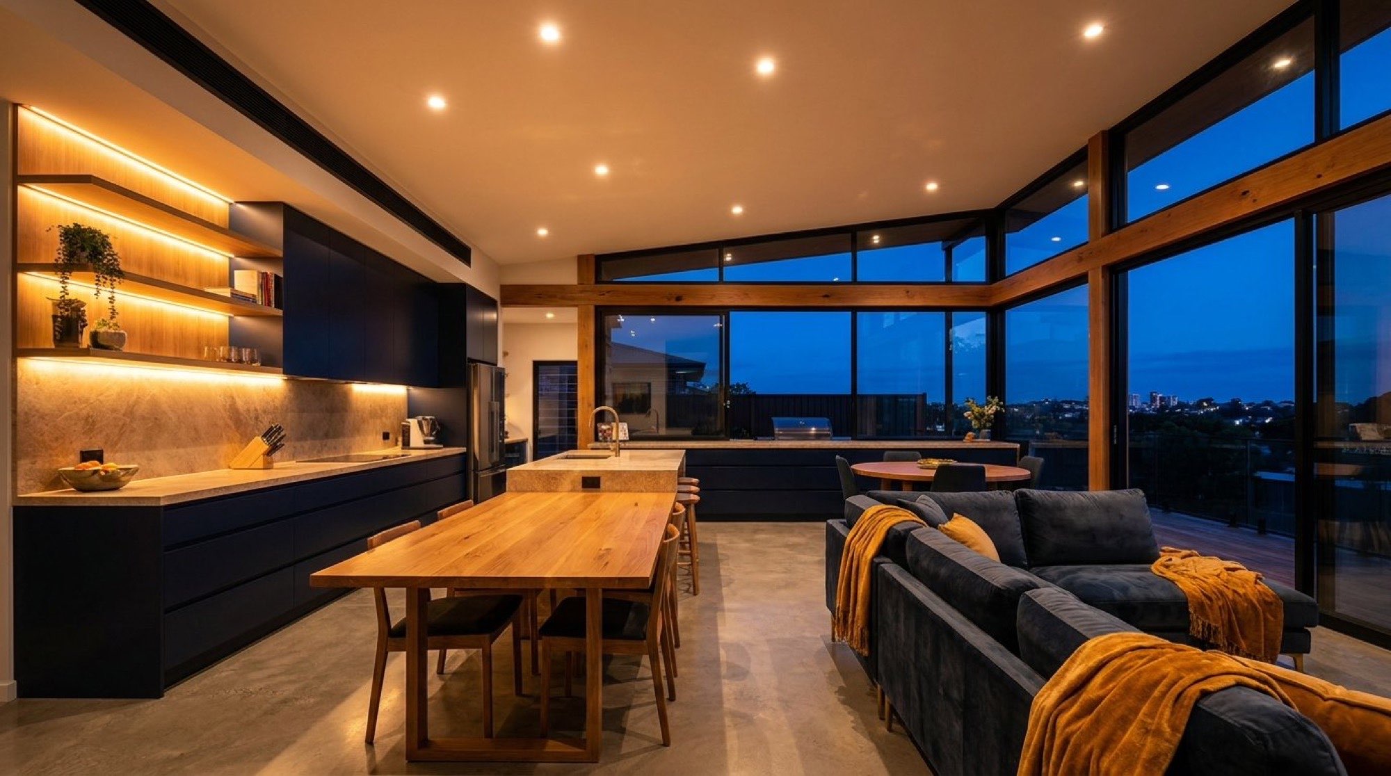 A kitchen and dining space lit at dusk with windows to the outside