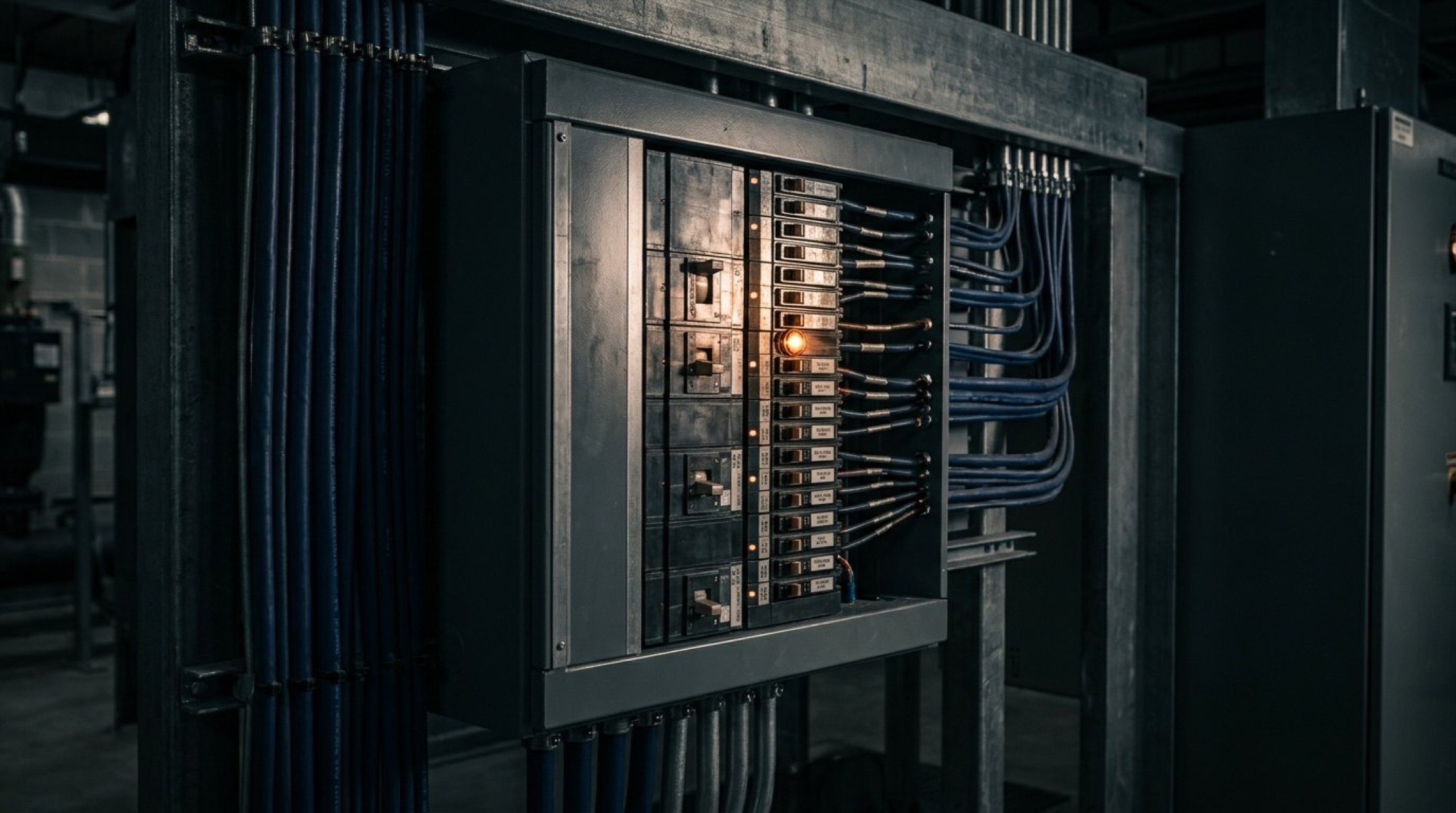 An open switchboard on a wall with wiring and circuit breakers