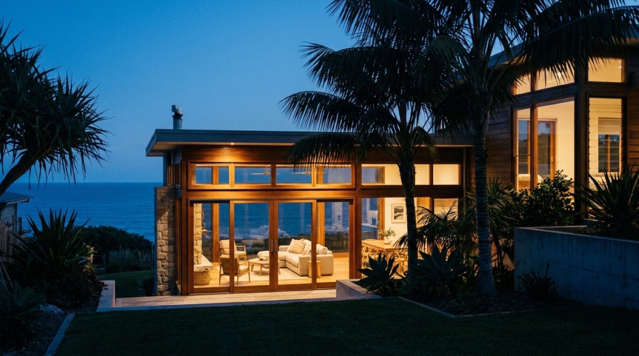 A coastal Queensland home with its lights on at dusk