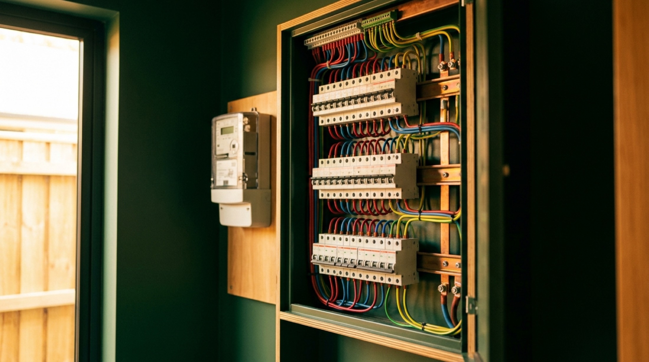 A wired switchboard and meter mounted on a green wall