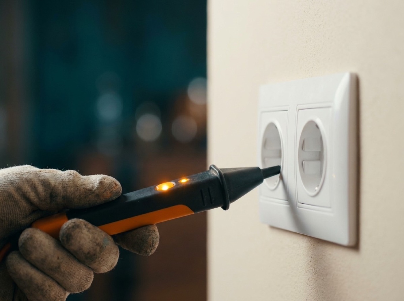 A hand holding a voltage tester against a wall socket