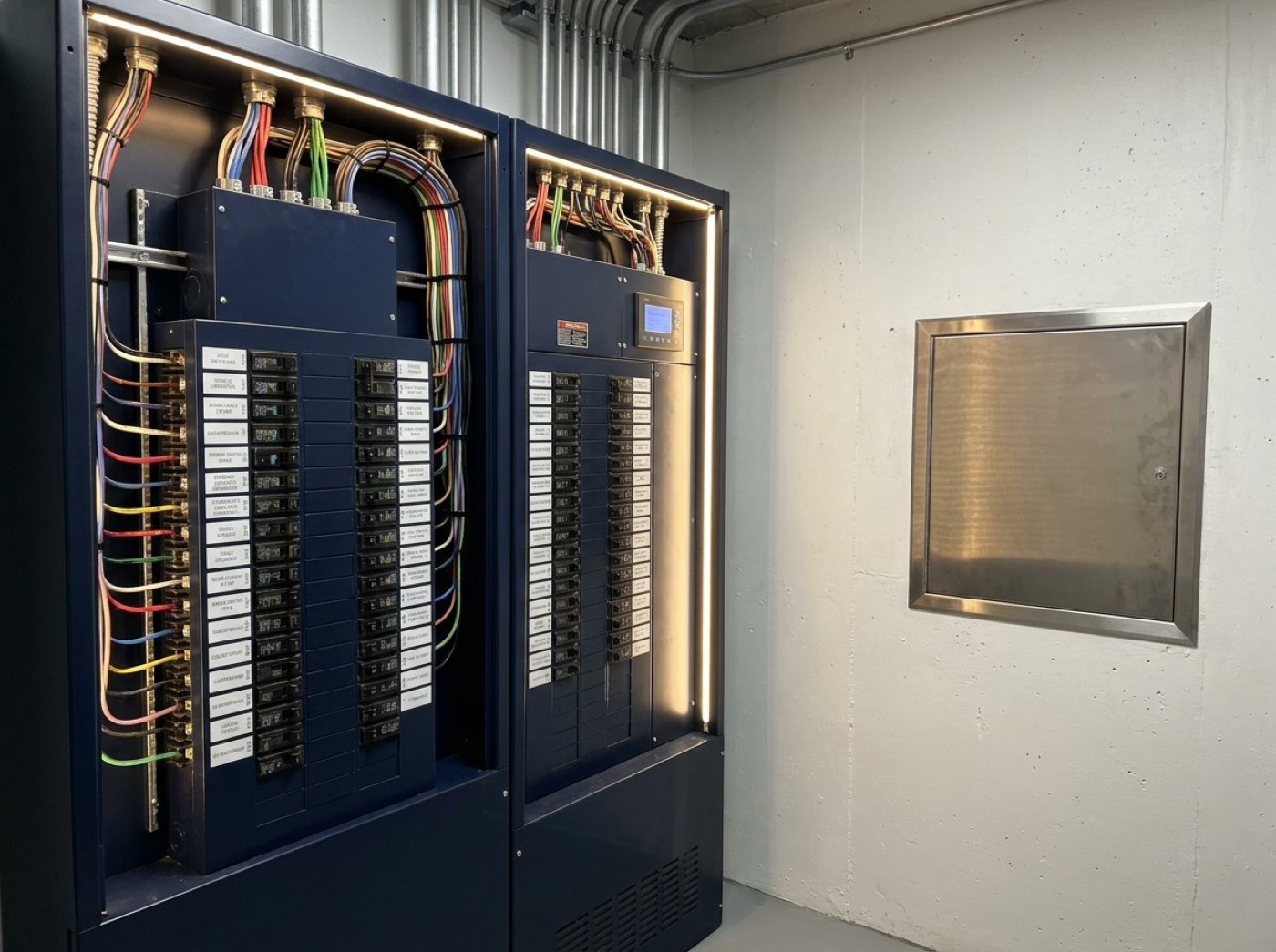 An open meter box and switchboard on an exterior wall
