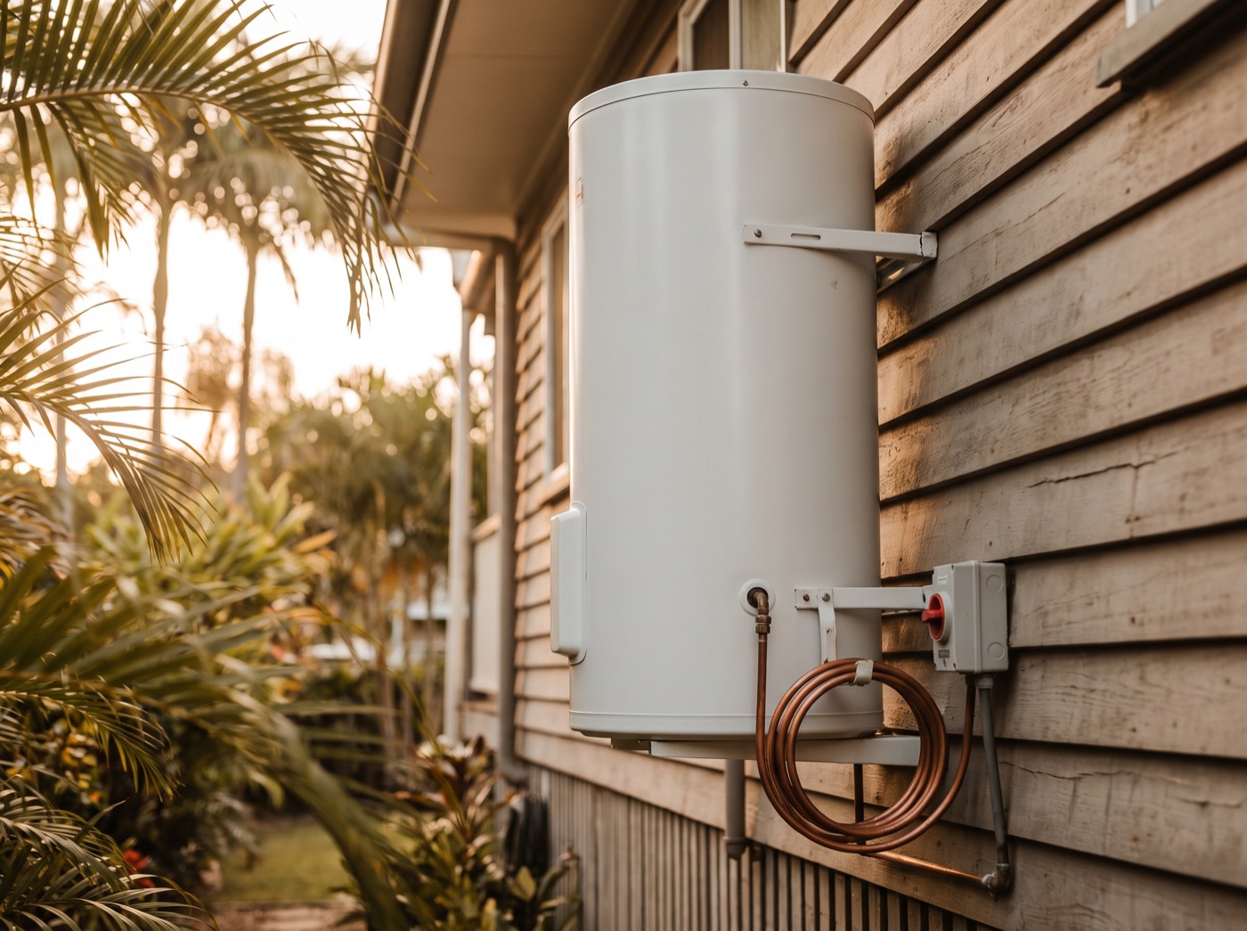 An electric hot water cylinder mounted on the outside wall of a Queensland home