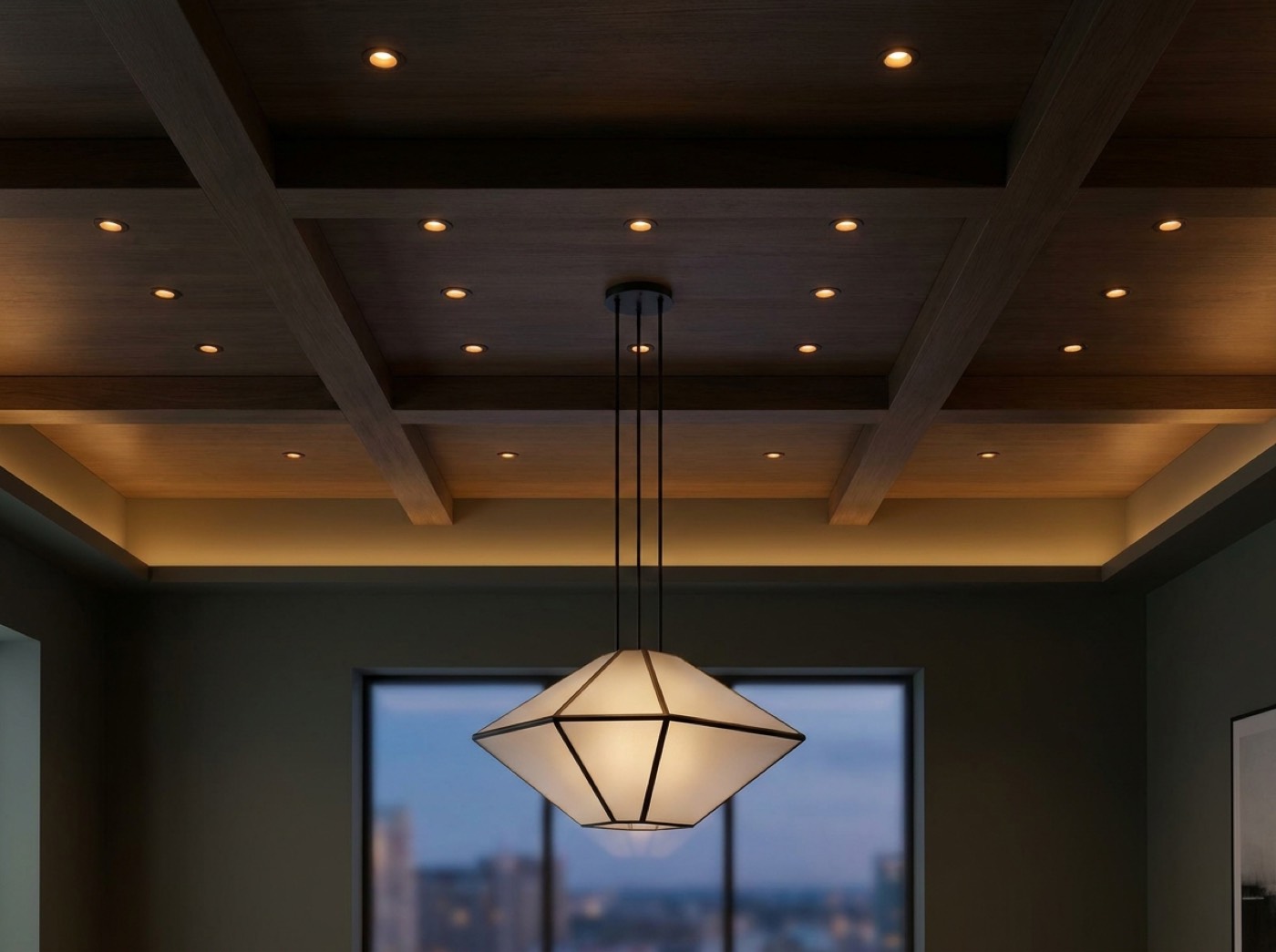 A pendant light hanging below a coffered ceiling with downlights