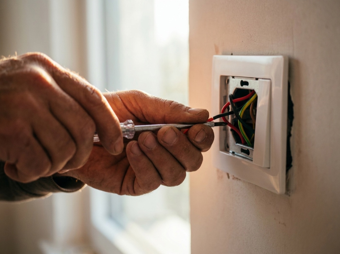 A hand wiring a power point into a wall
