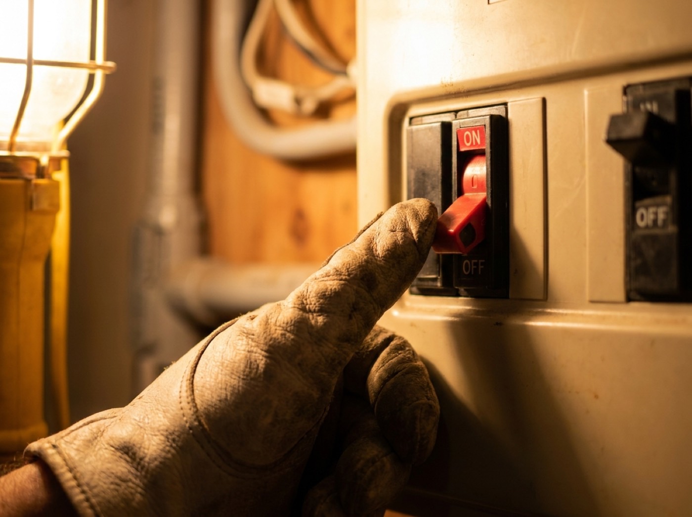 A gloved hand switching a red circuit breaker on a switchboard
