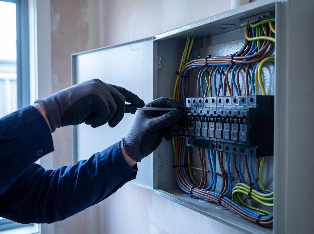A gloved hand working inside an open switchboard