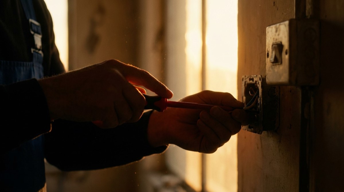 Hands wiring a wall socket in a dimly lit room