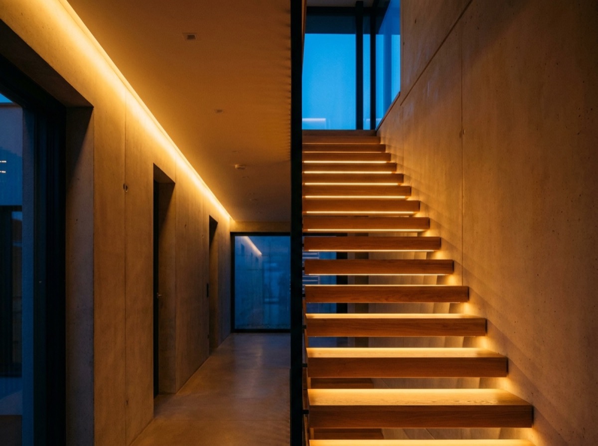A hallway and staircase lit by concealed strip lighting